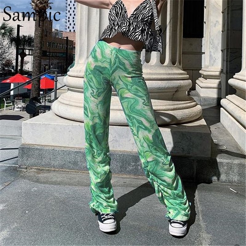 Sampic Casual Summer Green Tie Dye Capris Baggy E Girl Trousers Long Sexy Y2K Women High Waisted Skinny Chic 2021 90s Pants