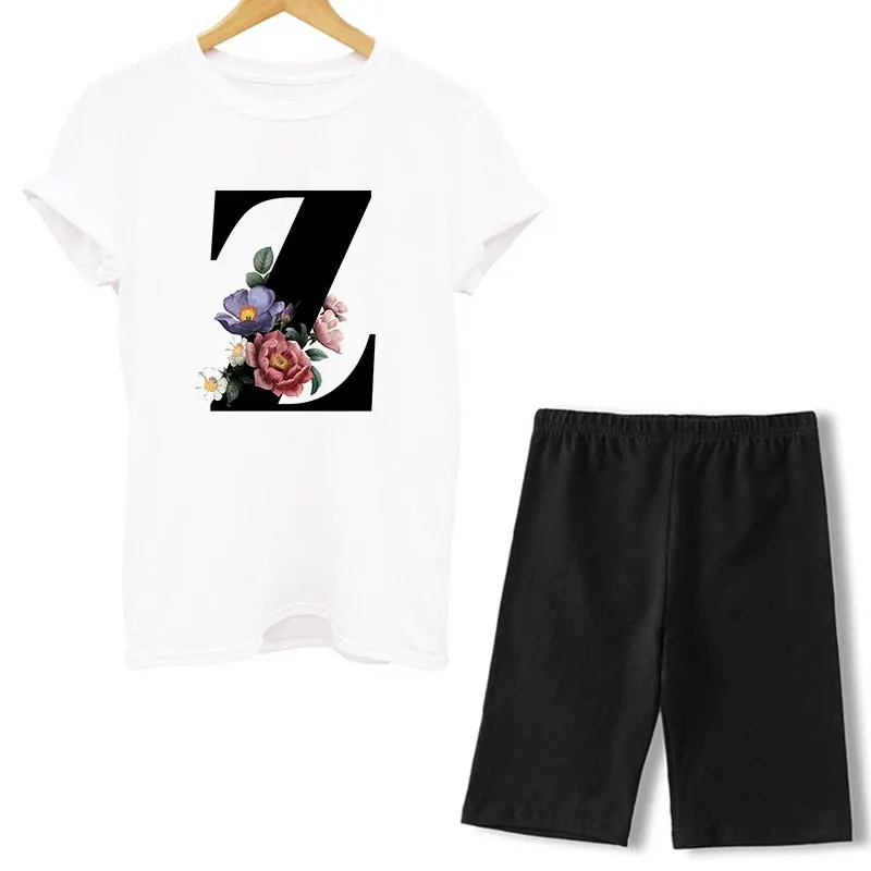 Women Two Piece Set Letter T Shirts And Shorts Sets Summer Short Sleeve O-neck Casual Biker Tracksuit Sexy Outfit For Woman 2