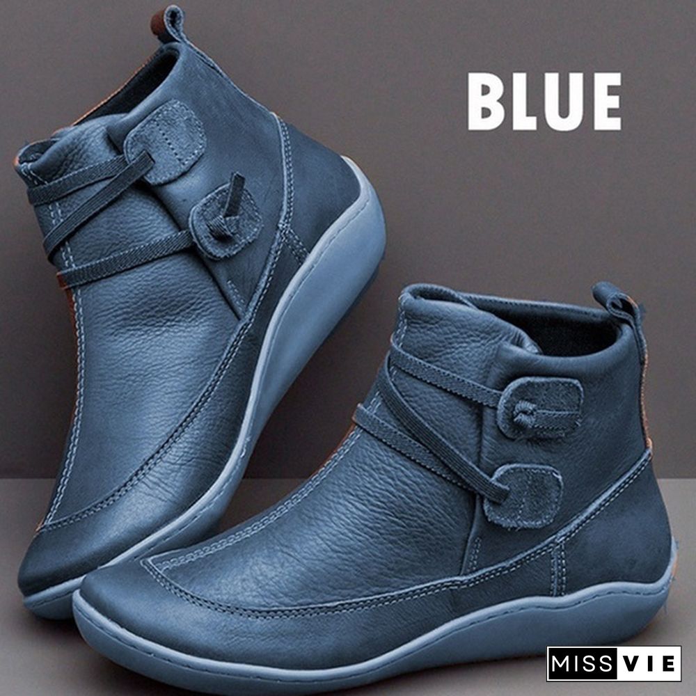 Women's Braided Strap Flat Heel All Season Boots Waterproof Leather Comfortable Flat Heel Boots Round Toe Ankle Boots