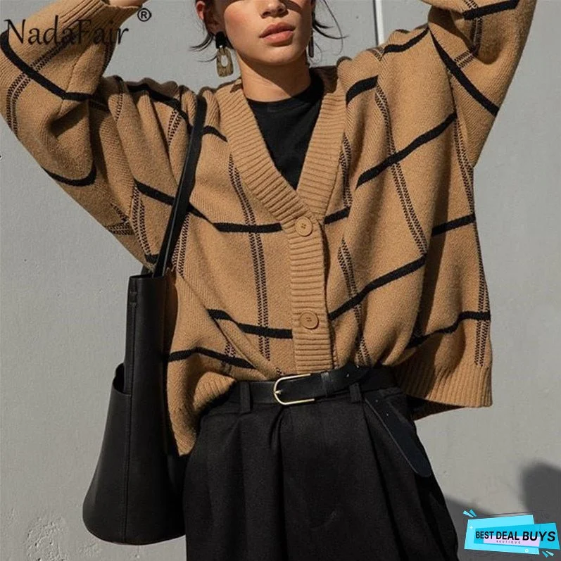 Christmas Gift Nadafair Plaid Cardigans Women V Neck Vintage Knitted Pullover Autumn Jumpers Winter Oversized Cardigan Ladies Sweaters Top Y2K