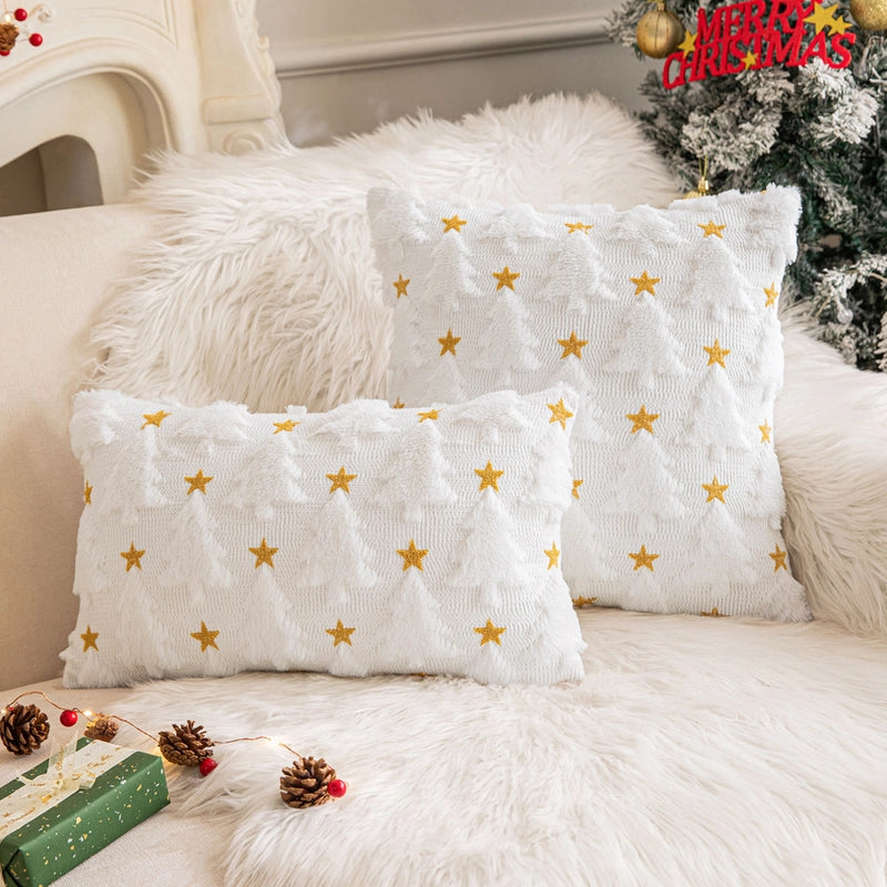 Christmas Pillow Case Plush Snowflake Christmas Tree Embroidered Hair Living Room Sofa Cushion Holiday Party Decorative Pillow Case