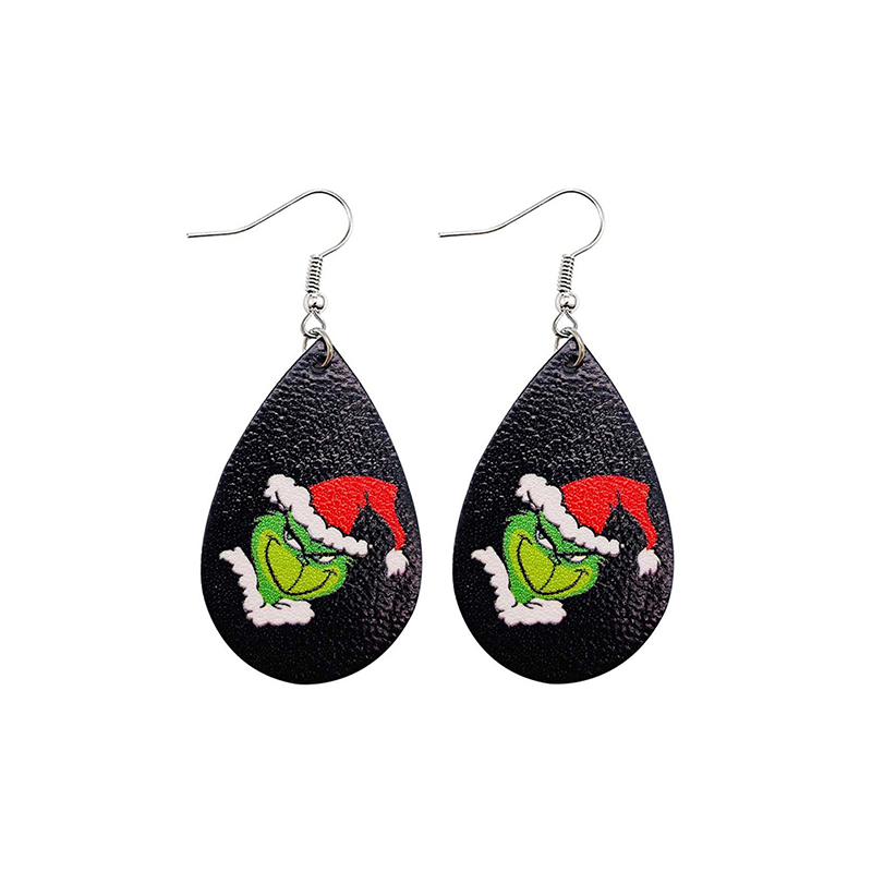 Christmas Black PU Leather Double Side Green Frog Print Earrings