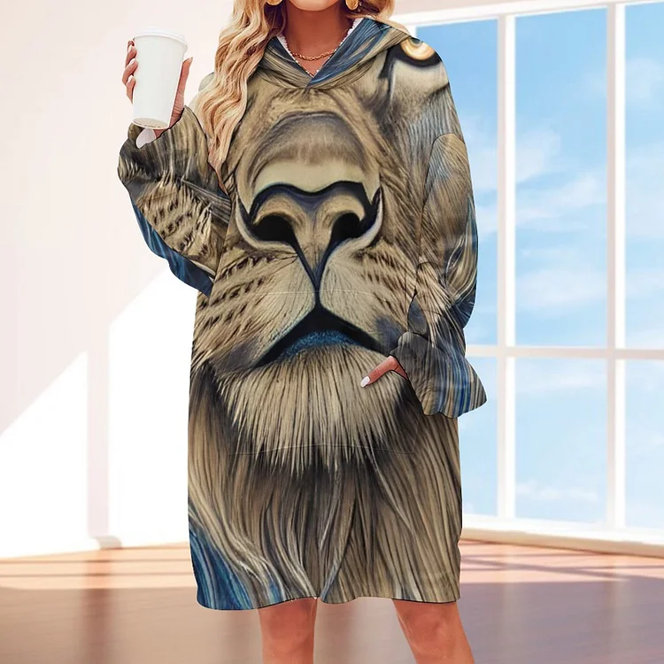 Hyper Detailed Lion Face Head Fur Graphic Oversized Sweatshirt Sherpa Blanket Casual Pullovers Wearable Blanket For Adults - Heather Prints Shirts