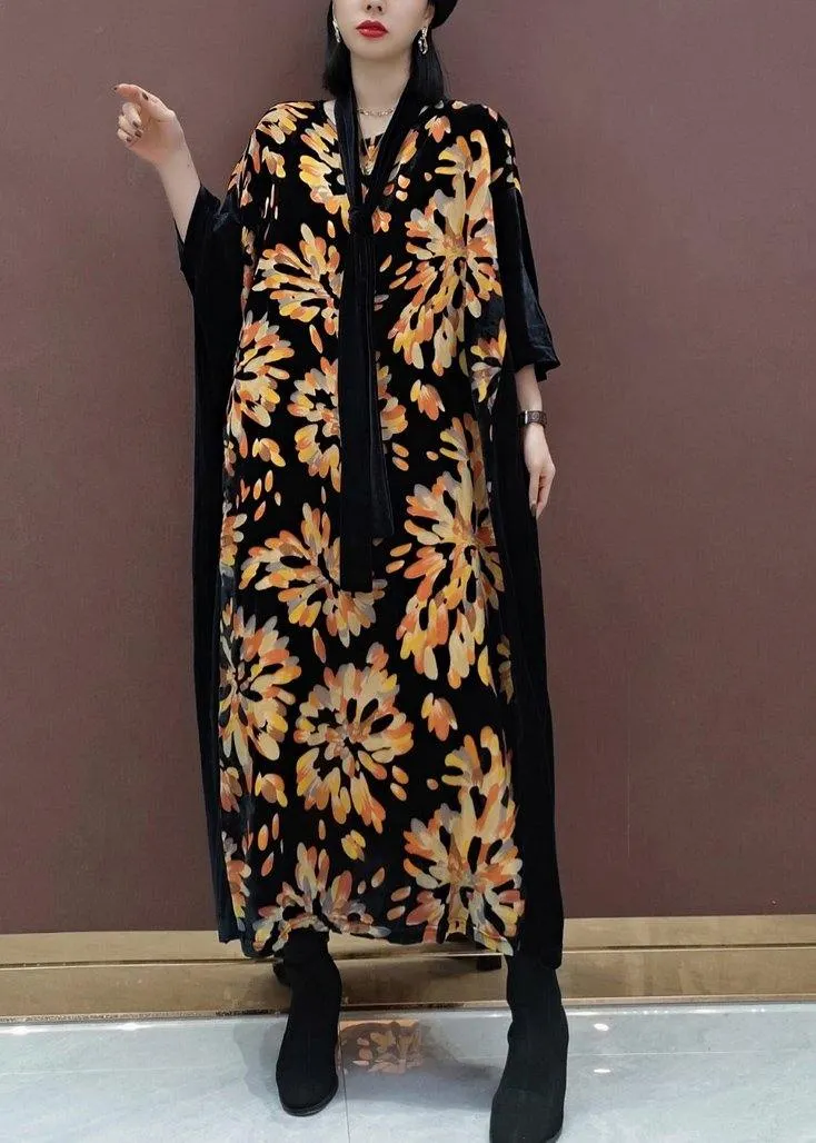 Natural V Neck Patchwork Spring Tunics For Women Fabrics Black Print Kaftan Dress