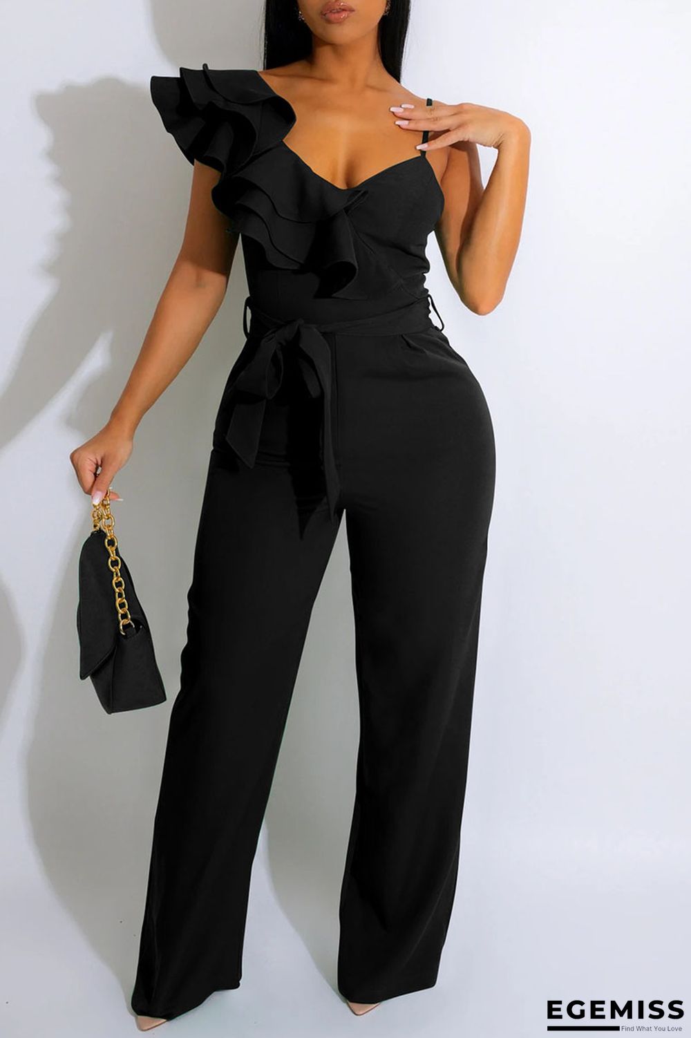 Black Sexy Solid Patchwork Flounce Spaghetti Strap Straight Jumpsuits | EGEMISS