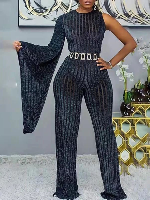 One-Shoulder Batwing Sleeve Empire Belted Striped Jumpsuit