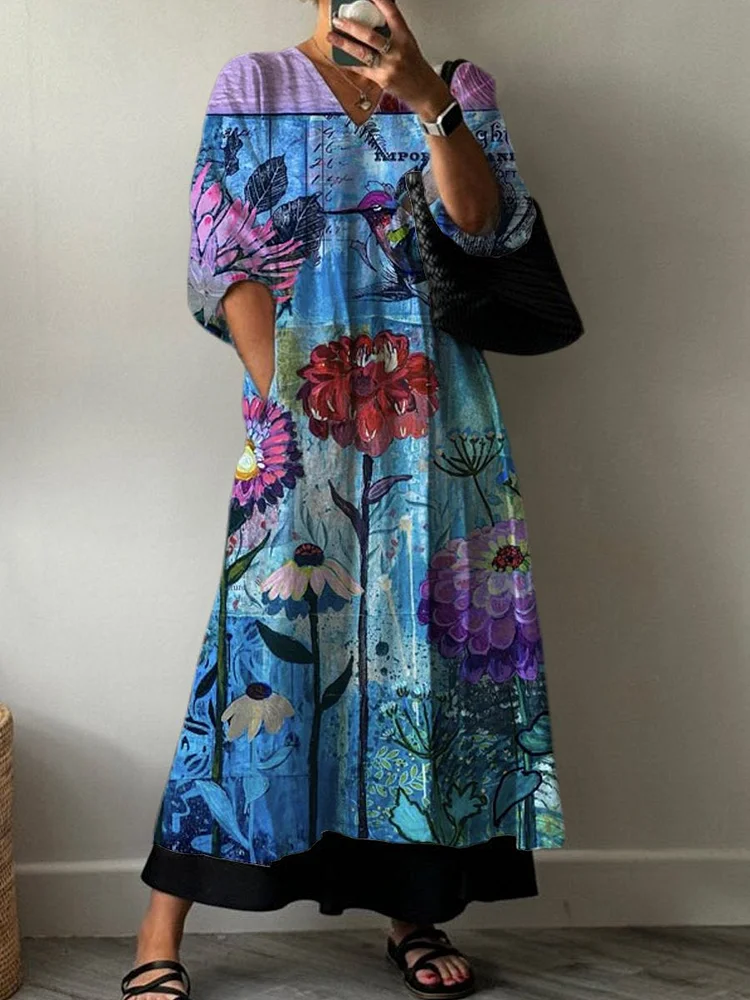 Women's Floral Art Print Pocket V Neck Cotton Dress