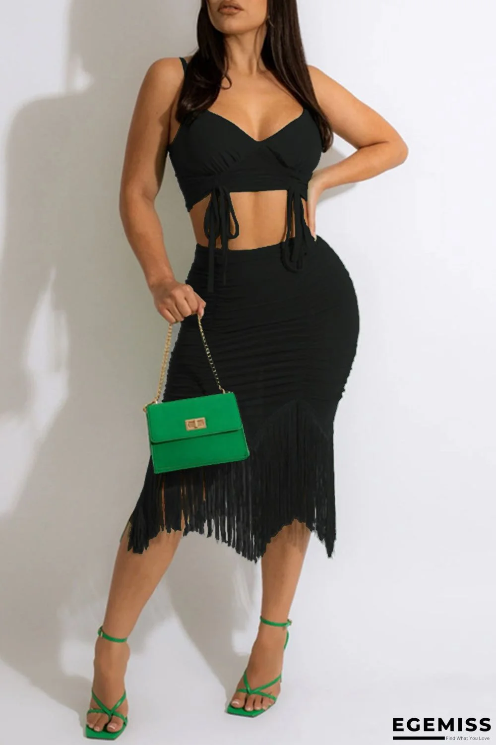 Black Fashion Sexy Solid Tassel Backless Fold Spaghetti Strap Sleeveless Two Pieces | EGEMISS