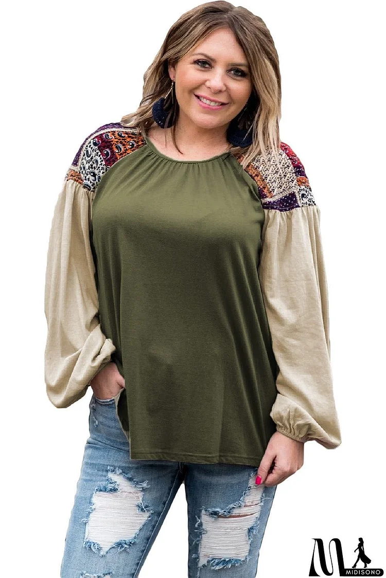 Color Block Puff Long Sleeve Plus Size Top