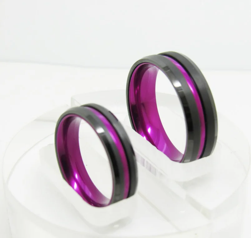 6MM 8MM Women's Or Men's Black Tungsten Carbide Wedding Matching Rings Purple Groove Matte Finish Beveled Edge