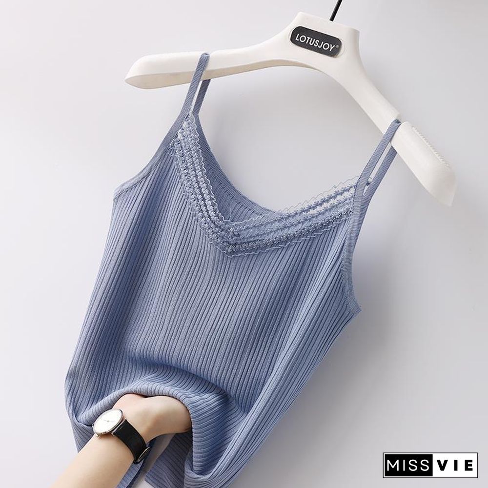 Summer New Style Lace Stitching Ice Silk Camisole Vest Womens V Neck Sleeveless Sweater Outer Wear Loose Top