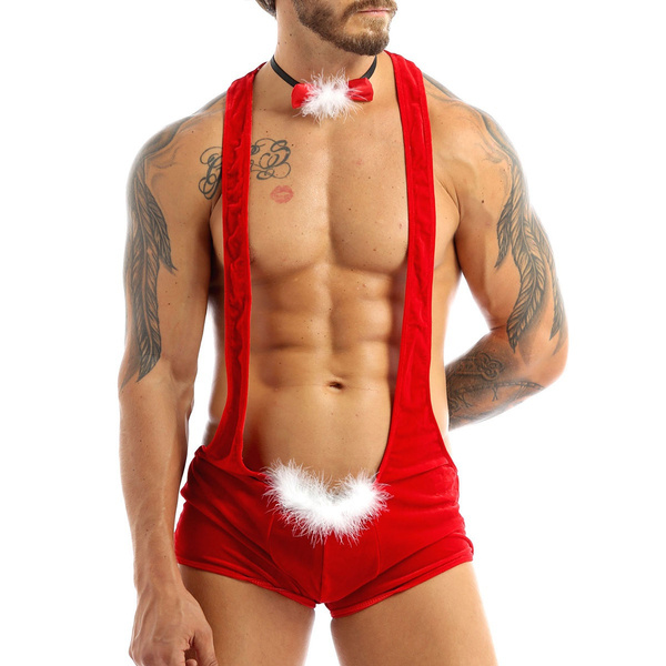 zdhoor Mens Christmas Santa Claus Costume Boxer Shorts Suspender Jumpsuit Bodysuit Leotard Underwear