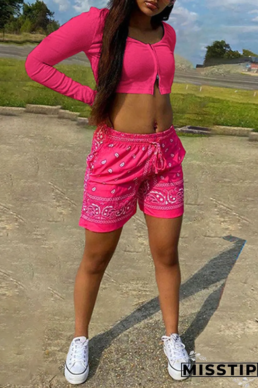 Fluorescent Green Casual Sportswear Print Patchwork Zipper Collar Long Sleeve Two Pieces