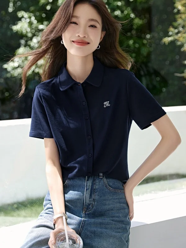 Athvotar Athvotar Embroidered Comfortable Shirt For Summer 2025 Light And Casual Polo Collar Beaded Knitted Shirt For Women