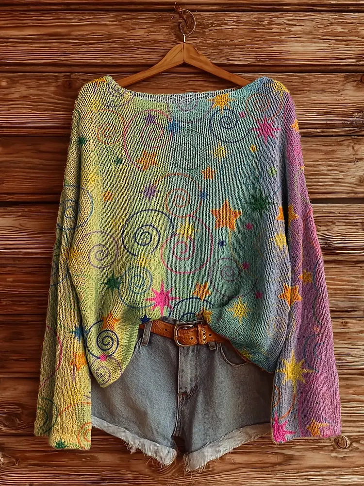 Women's Colorful Vertical Stripes Star Pattern Art Print Casual Pullover Sweater
