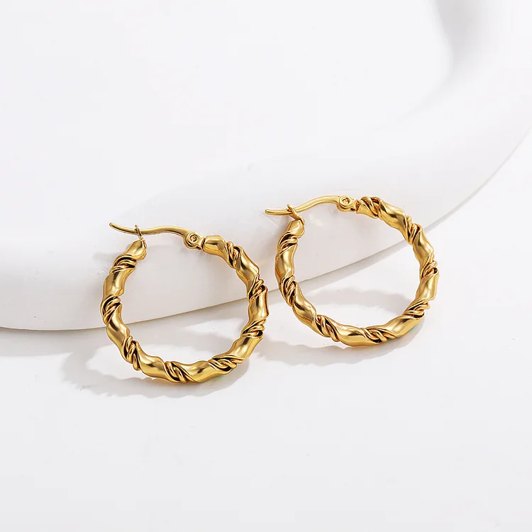 Vintage Round Circle Twisted Hoop Earrings for Women Statement BambooTwist Metal Ear Buckle Gold Plated Stainless Steel Jewelry
