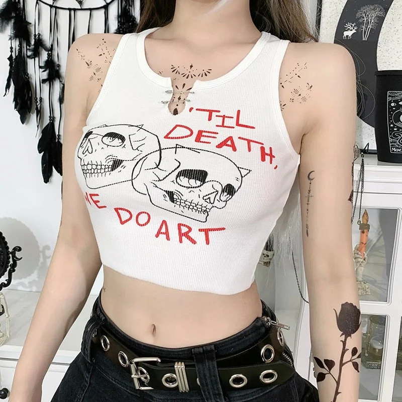 InsGoth Gothic Skull Print White Tanks Harajuku Punk Brook Patchwork Women Tank Top Streetwear Grunge Summer Basic Crop Tops
