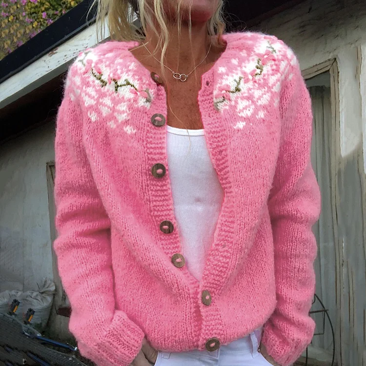 Utbros Cancer Awareness Pink Floral Jacquard Knitting Cozy Knit Cardigan