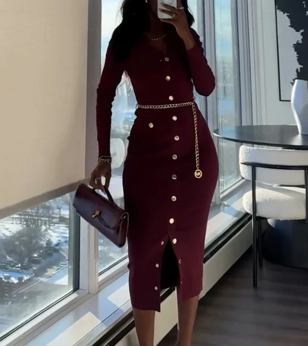 Women's solid color slim fit long sleeve knitted dress