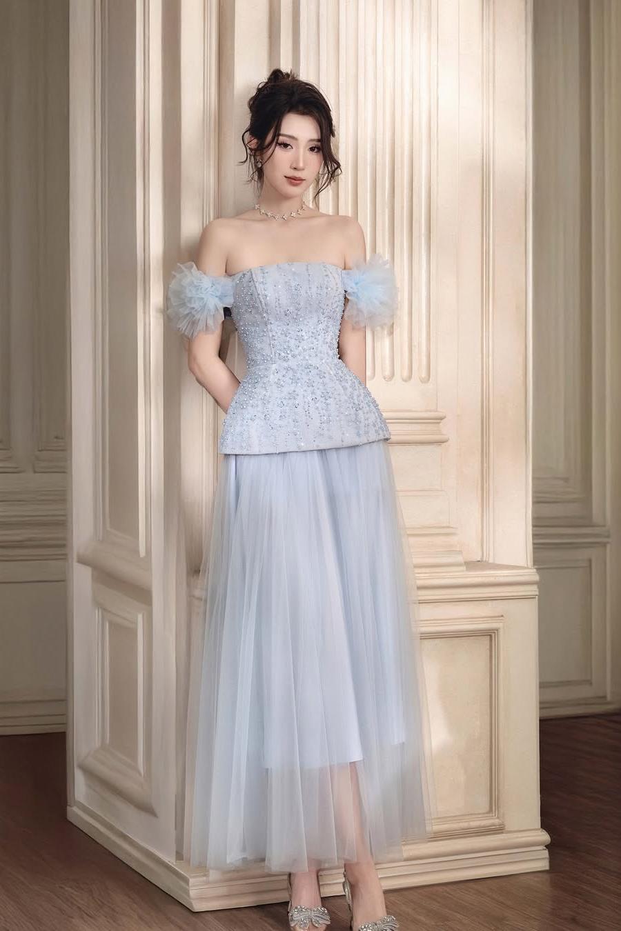 Oknass Strapless Off the Shoulder Long Prom Dress With Beading Tulle