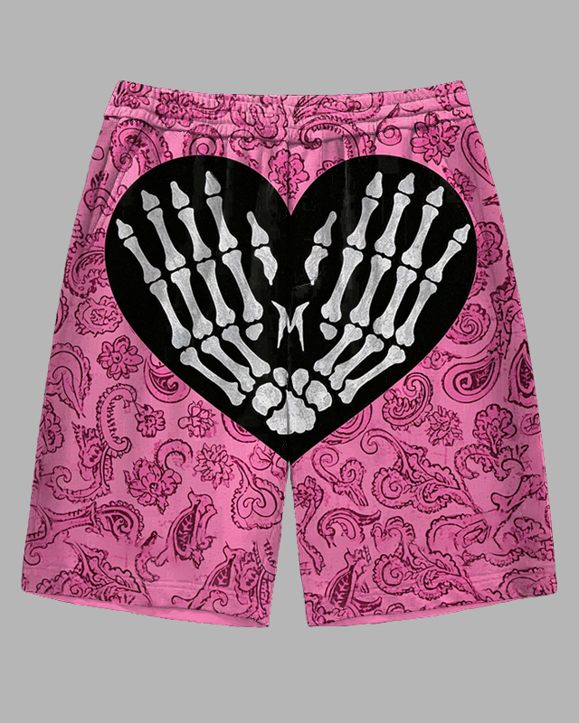 Men's Street Fashion Hand Skeleton Retro Floral Printed Y2K Casual Big and Tall Shorts