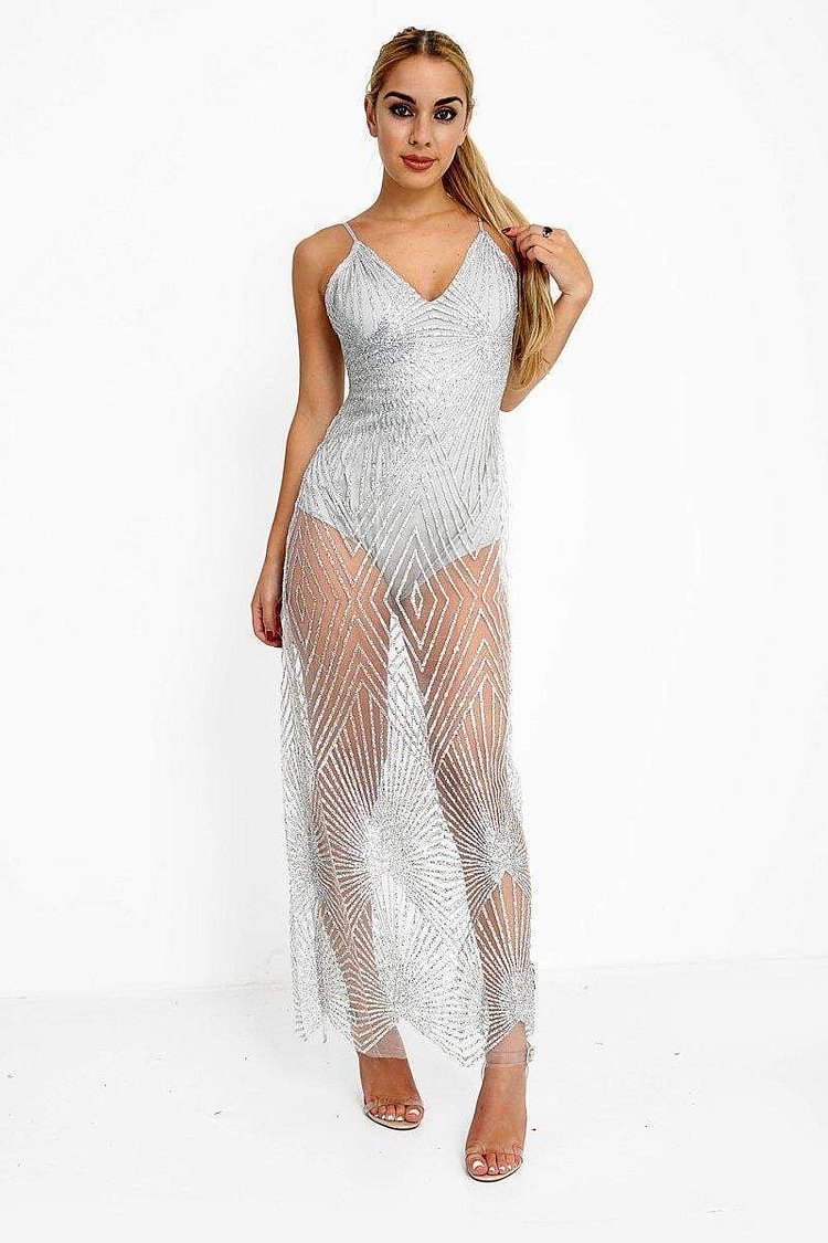 Silver Glitter Sheer Maxi Dress - Lola Katch Me