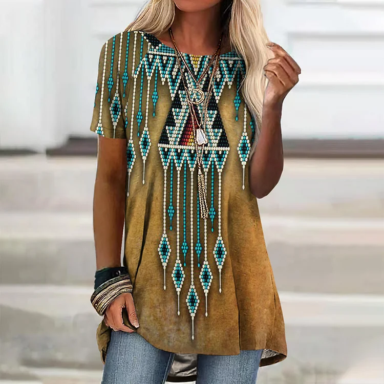 Vintage Western Print Short Sleeve Casual Tunic