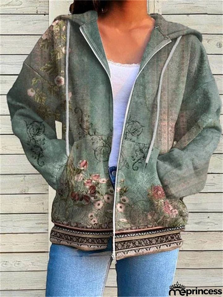 Women's Retro Print Long Sleeve Hoodies with Pockets
