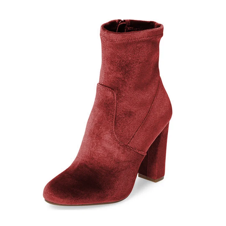 Brick Red Velvet Chunky Heel Short Sock Boots Vdcoo