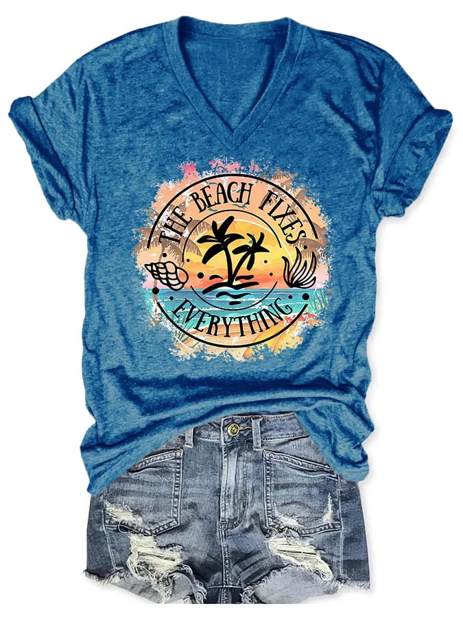 V-neck Palm Tree The Beach Fixes Everything Print T-Shirt