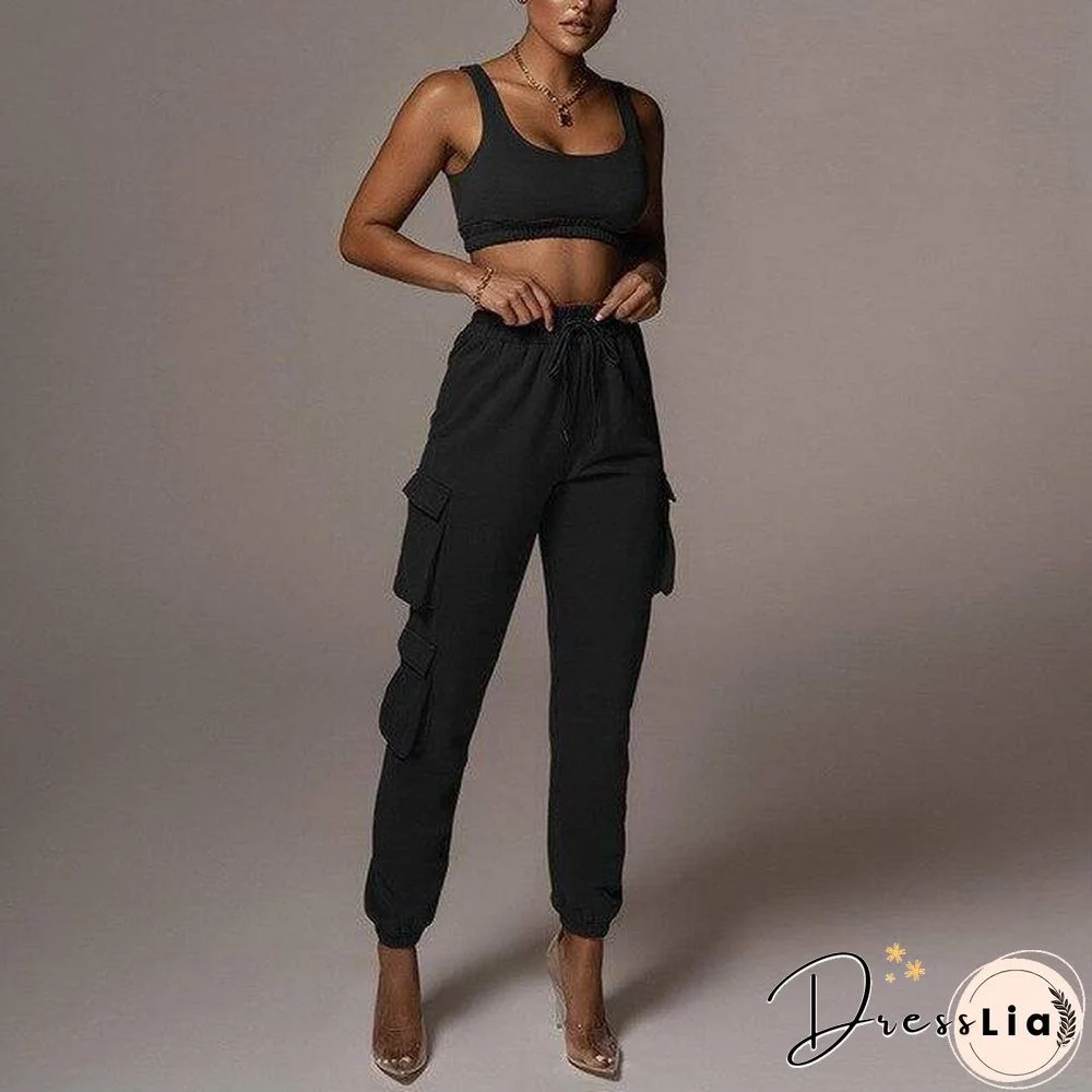 2 Piece Women Sports Casual Set Sweatshirt Crop Tops Pocket Sweatpants Baggy Pants Tracksuit Streetwear Joggers Summer Outfits