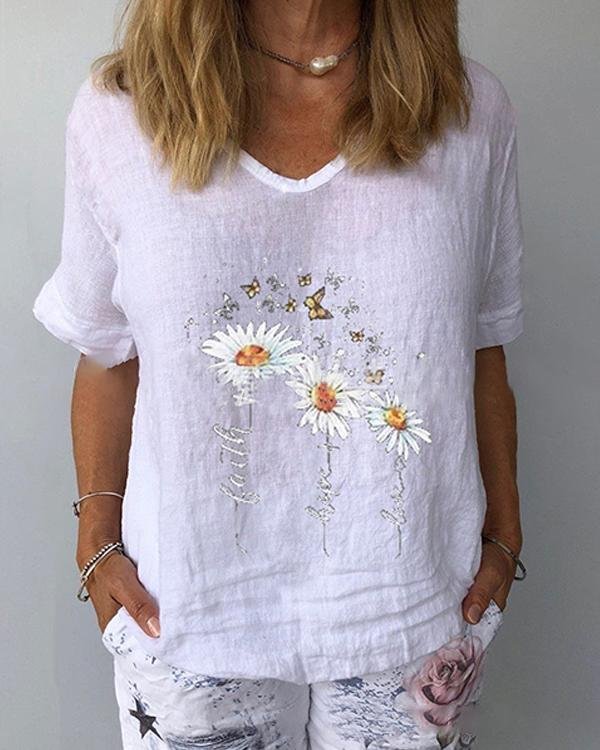 Floral V-Neckline Half Sleeve Casual T-shirts - Chicaggo