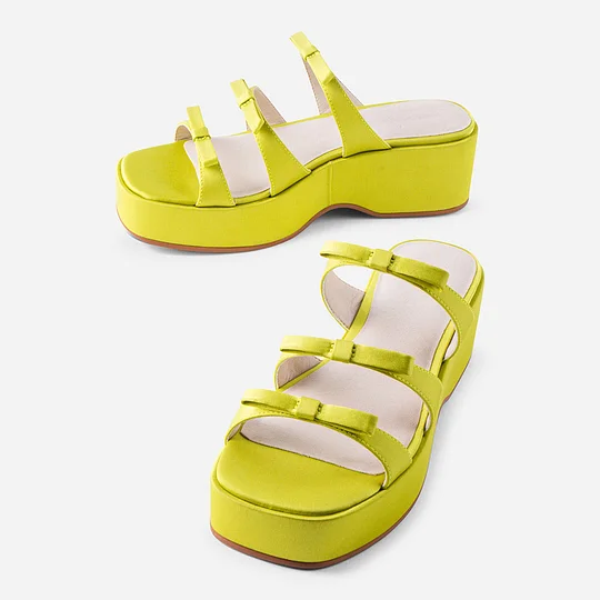 Lemon Yellow Open Square Toe Wedge Heel Platform Sandals