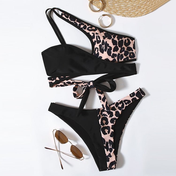 Flaxmaker Sexy Leopard Print One Sholder Color Block Bikini Swimsuit