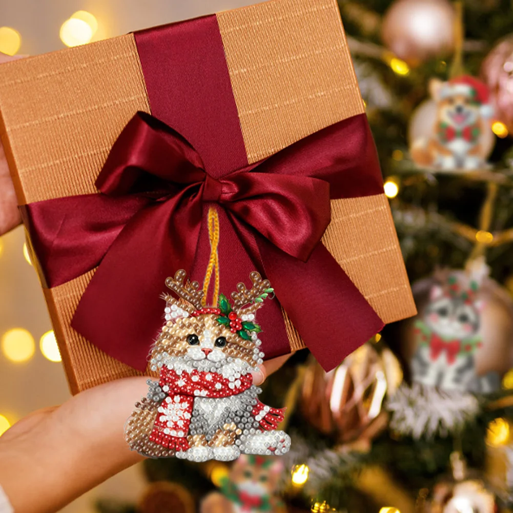 10Pcs Christmas Cats Dogs Diamond Painting Christmas Tree Pendant 