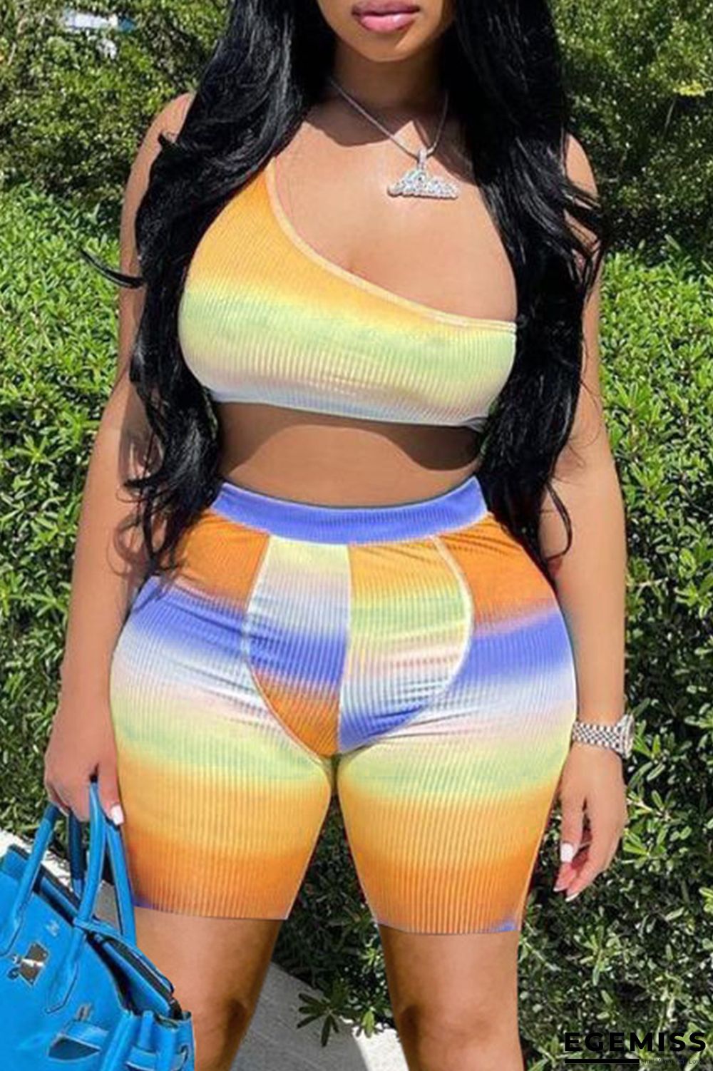 Yellow Fashion Sexy Print Patchwork Backless One Shoulder Sleeveless Two Pieces | EGEMISS