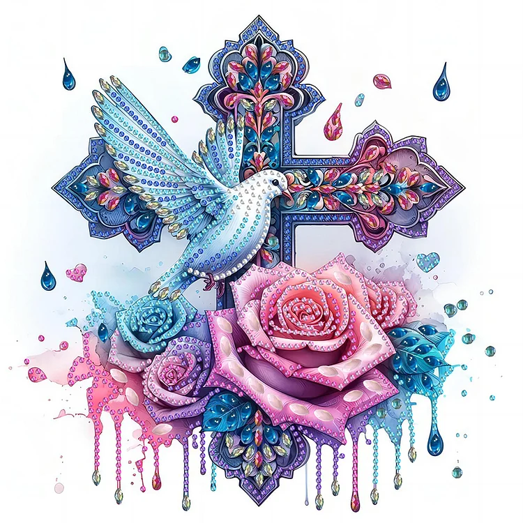 Cross Of Faith With Roses And White Doves 30*30CM (Canvas) Special Drill Diamond Painting gbfke