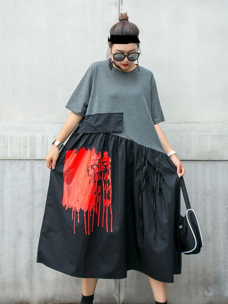 Fashion High Waist Patchwork Hit Short Sleeve Midi Dress
