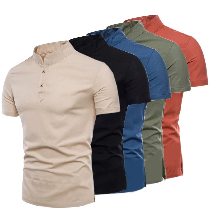 Men's Stand Collar Short Sleeve Cotton Linen Shirt