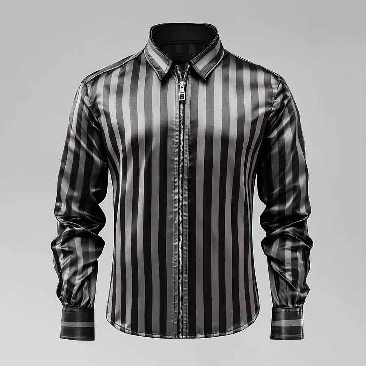Men's Satin Striped Turndown Collar Long Sleeve Zipper Shirt