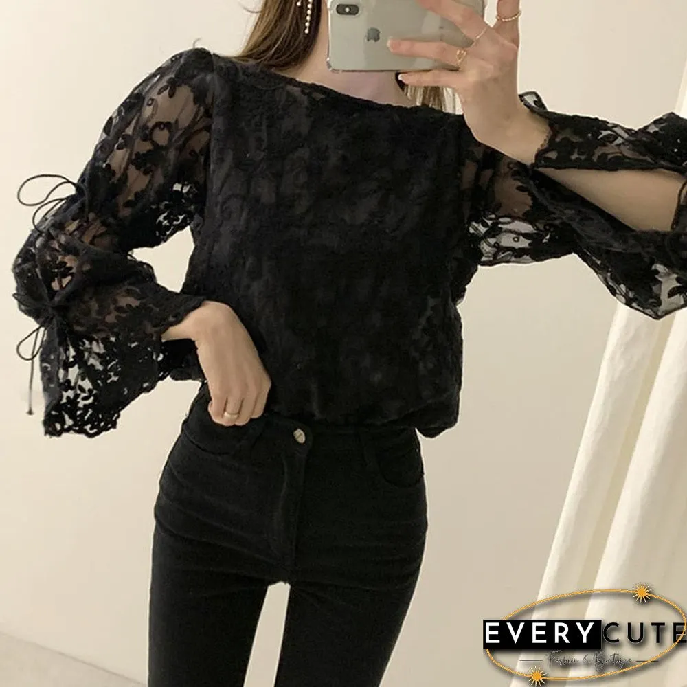 Spring Autumn New Girl Chiffon Shirt Fashion Embroidered Lace Tops Elegant Flare Sleeve