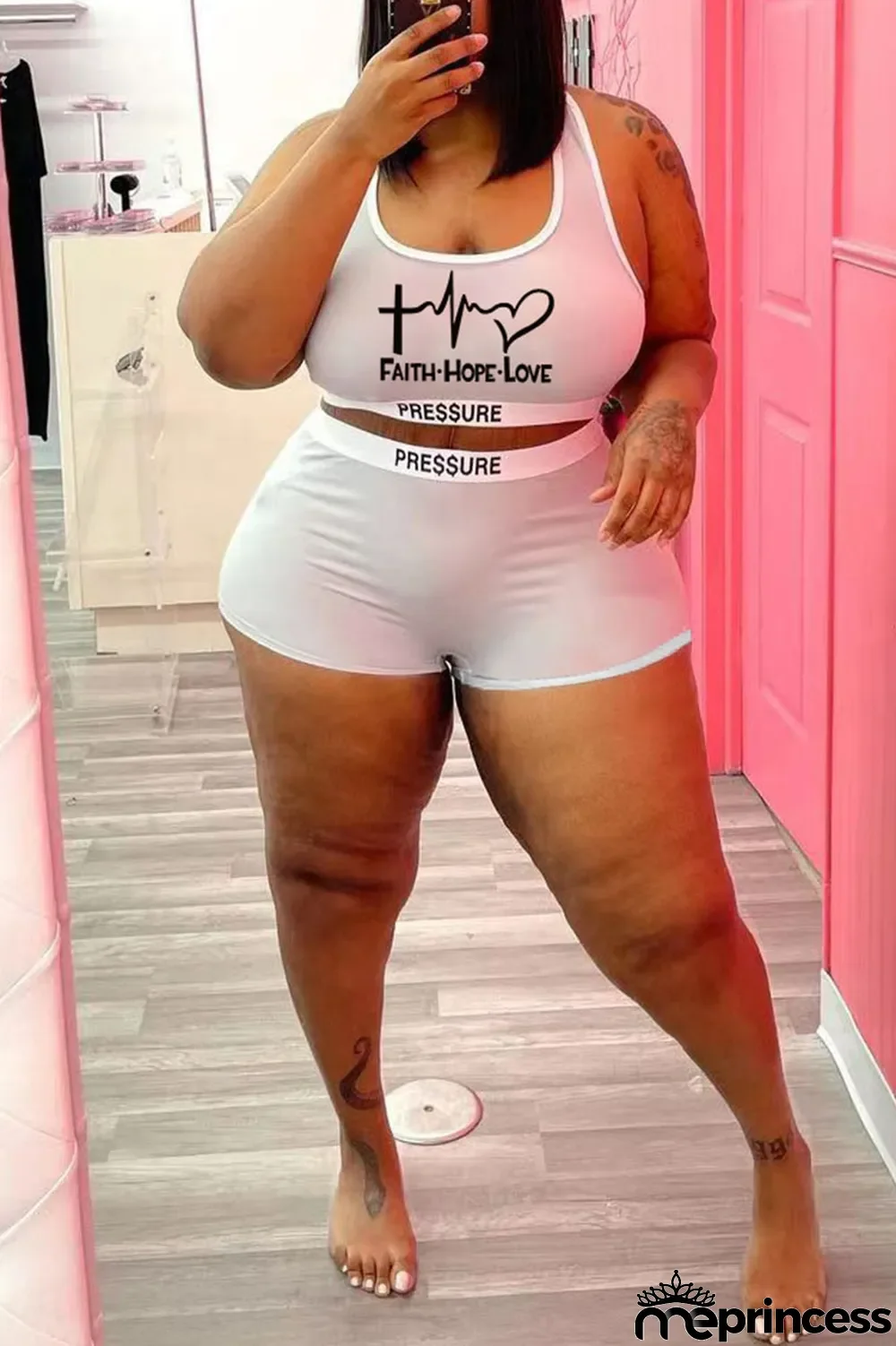 Black Casual Street Print Split Joint U Neck Plus Size Two Pieces