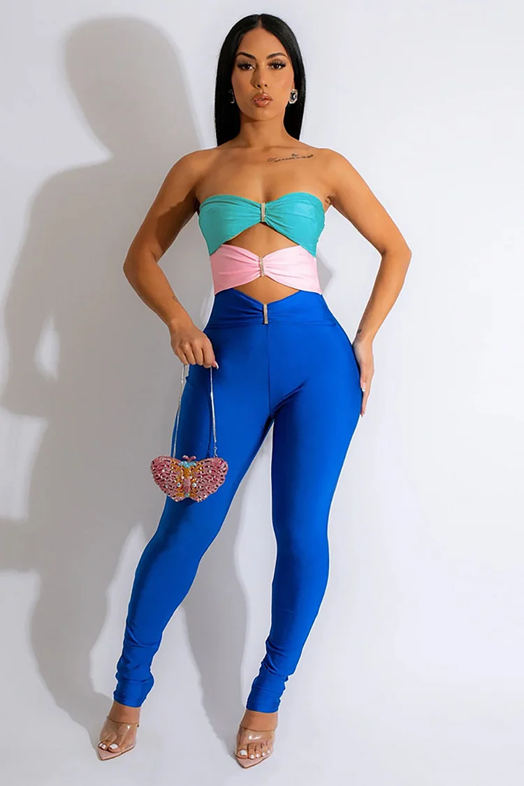 Colorblock Cut Out Ruched Strapless Leggings Party Jumpsuit