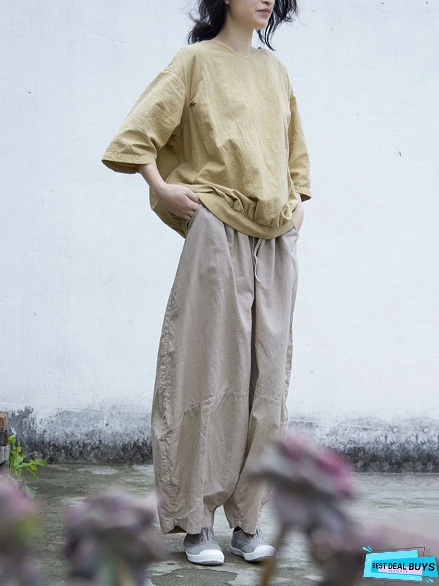 Women Summer Casual Solid Loose Cotton V-Neck Shirt