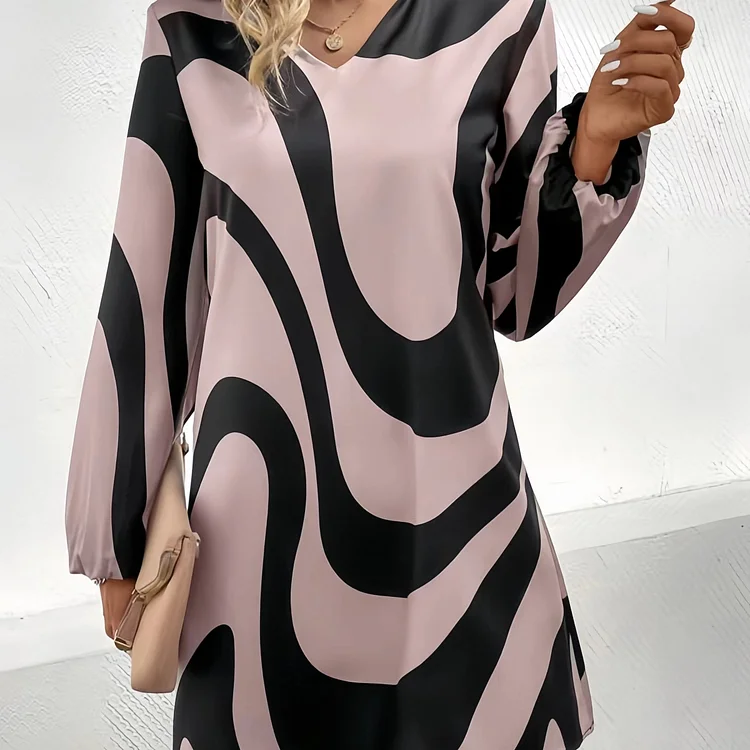 Abstract Print V Neck Dress, Elegant Long Sleeve Dress For Spring & Fall, Women's Clothing