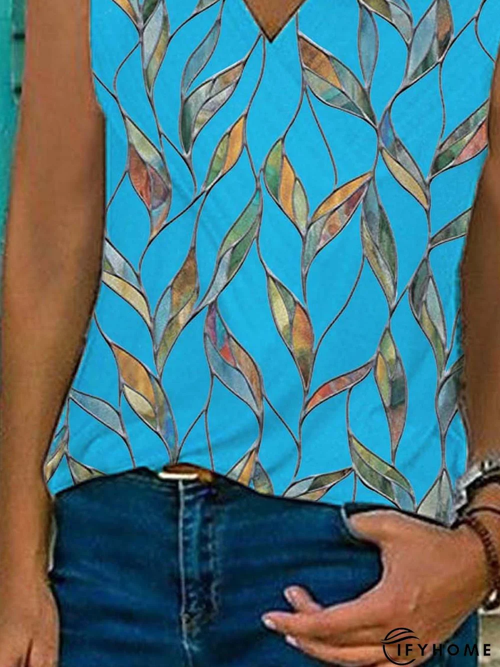 Leaves Sleeveless  Printed  Cotton-blend  V neck Holiday Summer Blue Top | IFYHOME