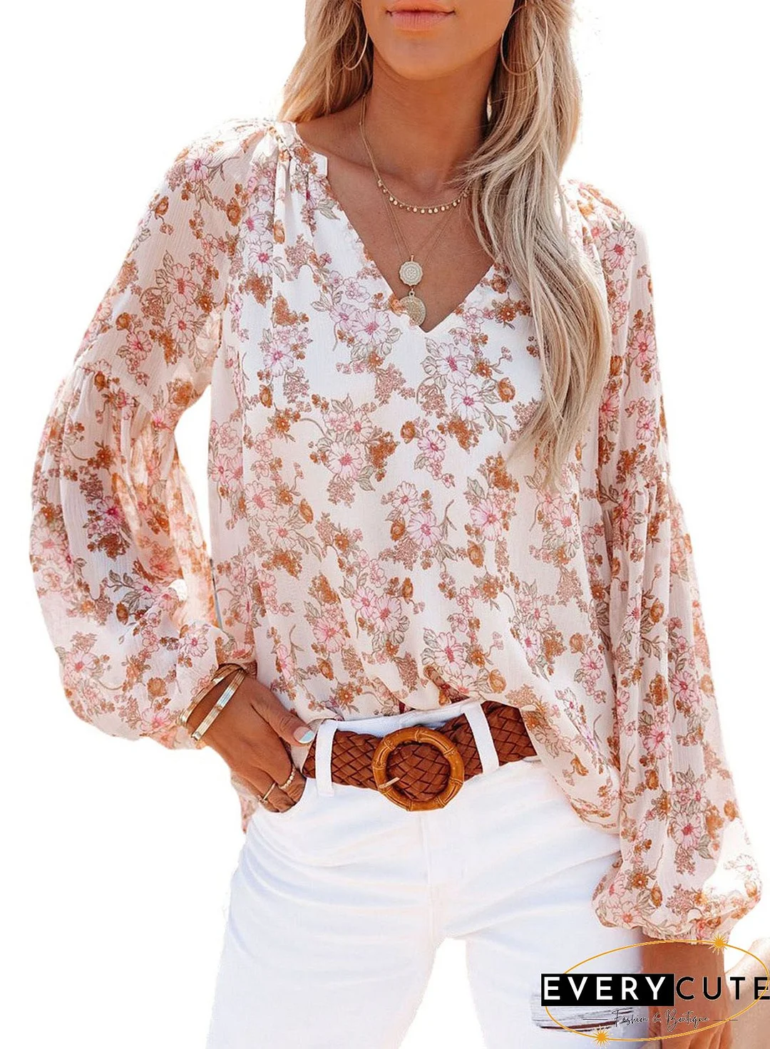 Floral Print Ruffled V Neck Long Sleeve Shirt