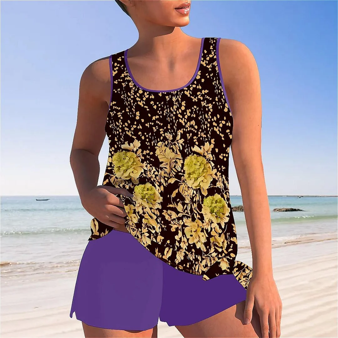 Bowknot Black,Khaki,Floral Mid Waisted Tankini Set - Plus Size Available