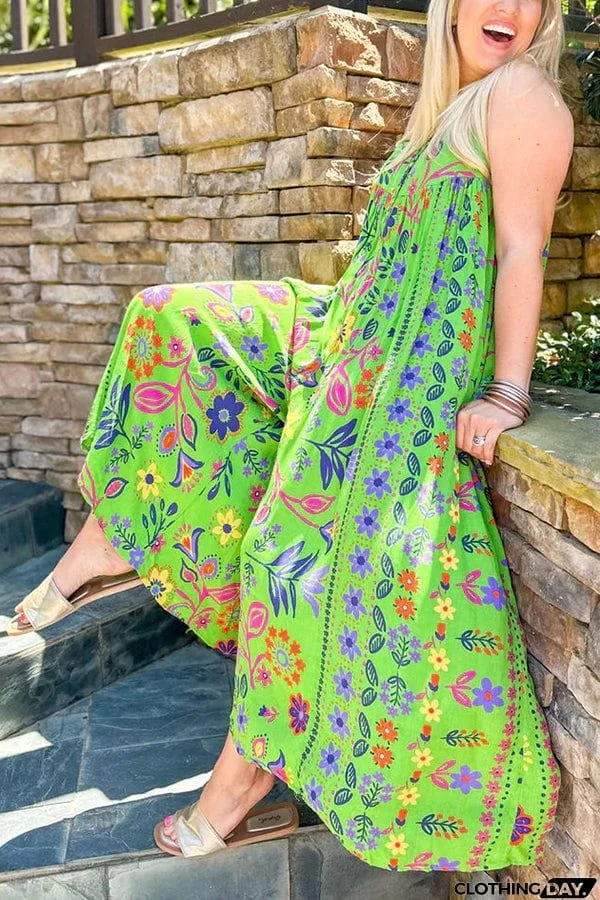 Vintage Boho Floral Print Pocketed Loose Jumpsuit