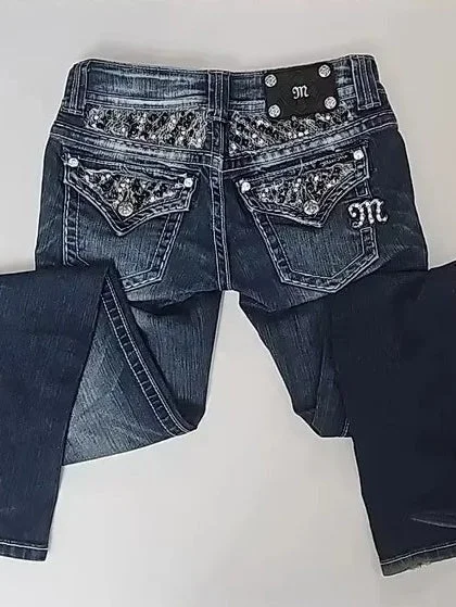 Edgy Y2K Vintage Sequin Low-Rise Denim Pants